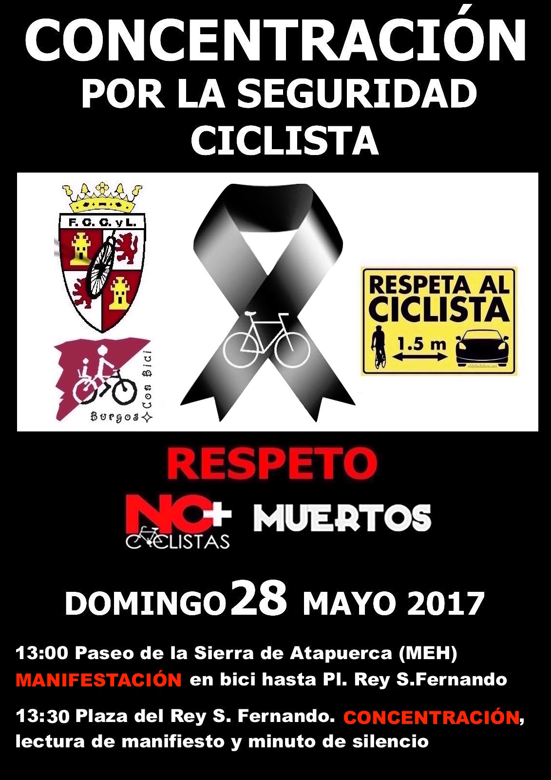 Cartel. Concentración y manifestación. No más ciclistas muertos. Domingo 28 mayo 2017 a las 13:00