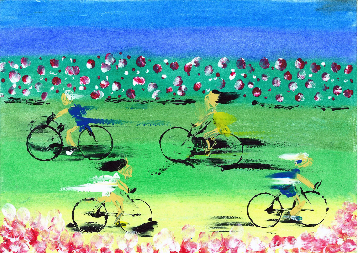 Varios niños en bici por campo de flores, dejando estelas por la velocidad
