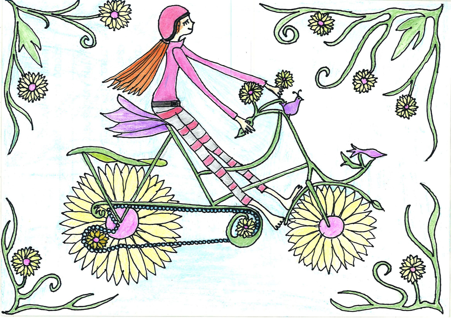 Niña en bici con ruedas de flores en escena fantástica