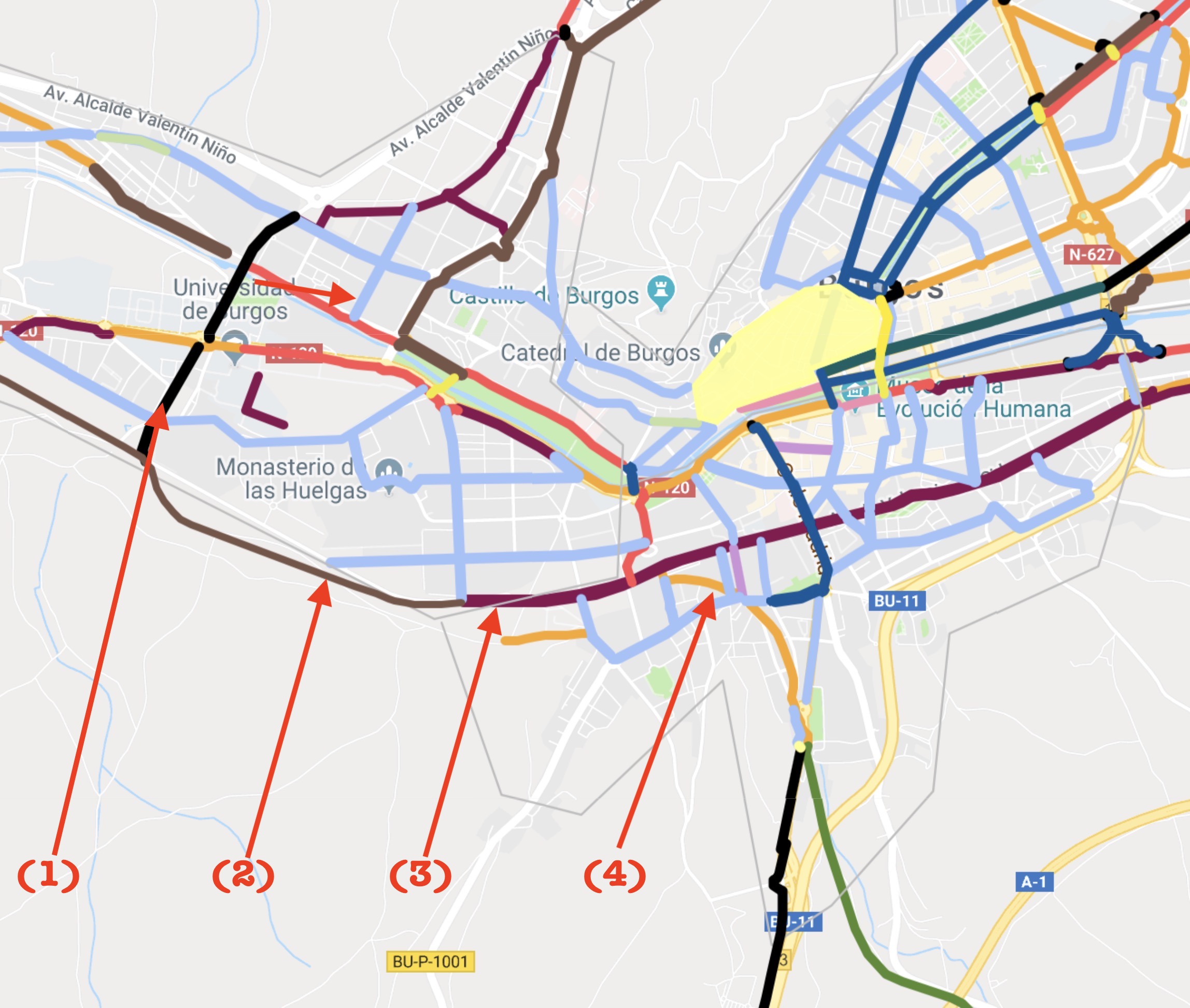 Mapa de vías ciclistas propuestas para burgos donde se marcan las que conectarían en la ciudad los dos tramos de la vía verde Santander Mediterráneo