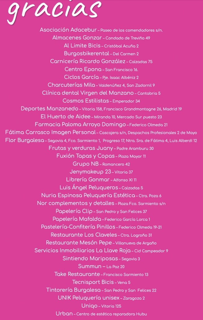 Lista de comercios de Burgos donde comprar el calendario solidario e Princessbikes en favor de ADACEBUR