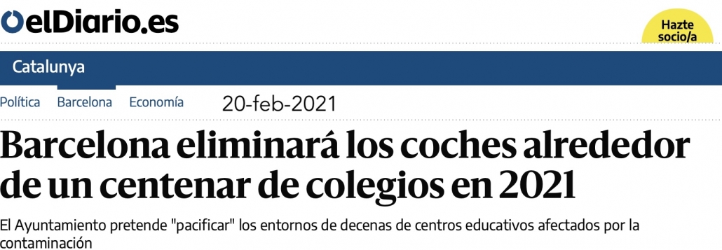Titular de el diario .es. Barcelona eliminará los coches alrededor de un centenar de colegios en 2021