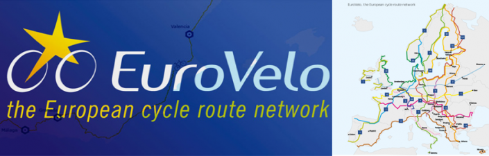 Logo de Eurovelo y mapa de vías ciclistas por Europa