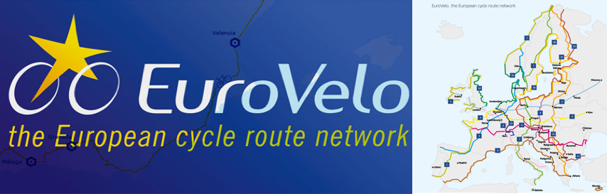 Logo de Eurovelo y mapa de vías ciclistas por Europa