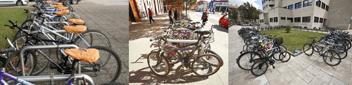 Tres imágenes de distintos aparacabicis en la ciudad