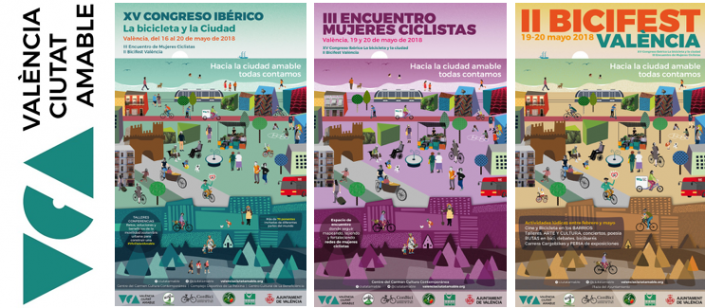 Tres carteles (1) XV Congreso ibérico la bicicleta y la ciudad. (2) III Encuentro de mujeres ciclistas y (3) II Bicifest Valencia