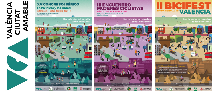 Tres carteles (1) XV Congreso ibérico la bicicleta y la ciudad. (2) III Encuentro de mujeres ciclistas y (3) II Bicifest Valencia