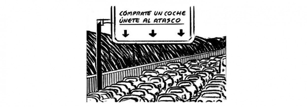 Compra un coche, úntenme al atasco. En viñeta con atasco de coches