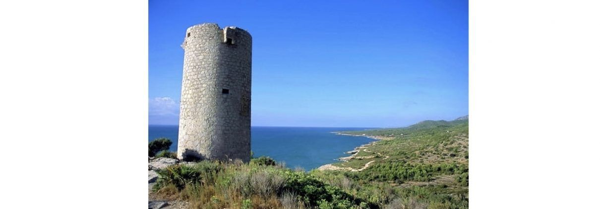 Paisaje. Primer plano torre, al fondo mar