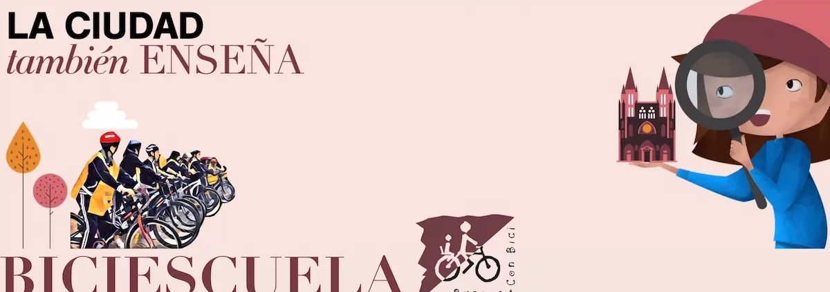 Banner de Biciescuela de Burgos Con Bici en el programa La ciudad También enseña, del Ayuntamiento de Burgos