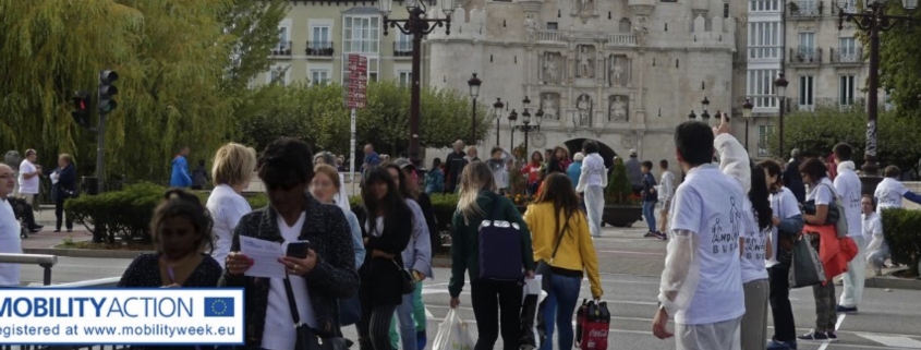 Acción de la asociación Andando Burgos. Trazado provisional de paso de peatones en línea recta desde Plaza Vega a Puente de Santa María