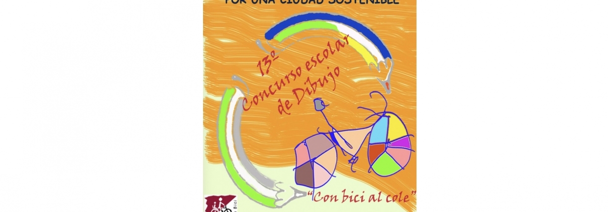 Dibujo de un niño enbici con los ruedas coloreadas. Imagen del cartel del concurso.