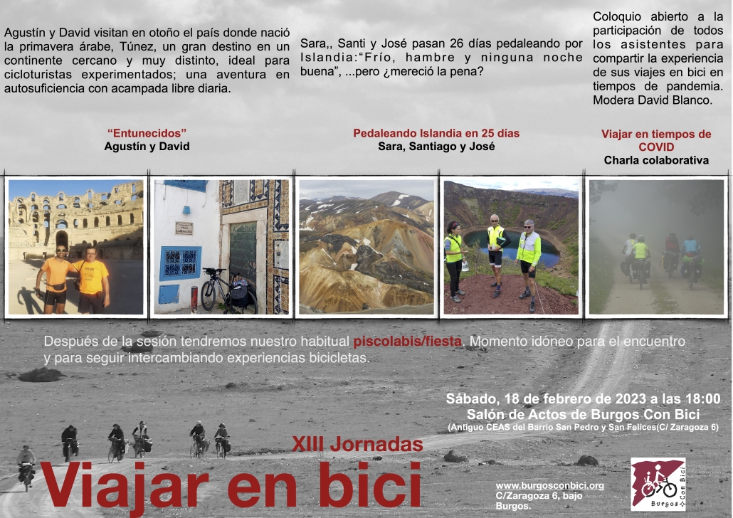 Cartel de las Jornadas. Dos viajes (Túnez e Islandia) y un coloquio sobre viajar ene bici en tiempos de pandemia