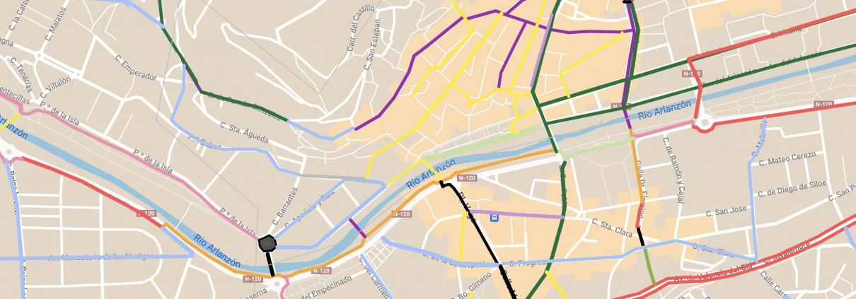 Detalle del mapa de vías ciclistas en uso y propuestas del centro de Burgos