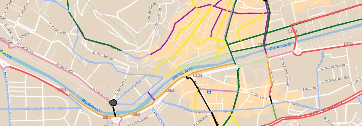 Detalle del mapa de vías ciclistas en uso y propuestas del centro de Burgos