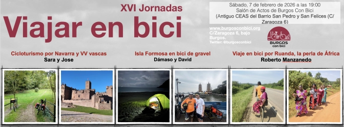 Screenshot Cartel de las XVI Jornadas "Viajar en Bici". Organizadas por la asociación Burgos Con bici. Tendrán lugar el 7 de febrero de 2026 a las 19:00 En el salón de actos de la asociación de C/ Zaragoza 6, bajo.
